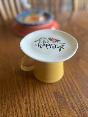 Up-Cycled Ceramic Candle Holder Boho Vibe "Be Happy" Can use as jewelry tray etc